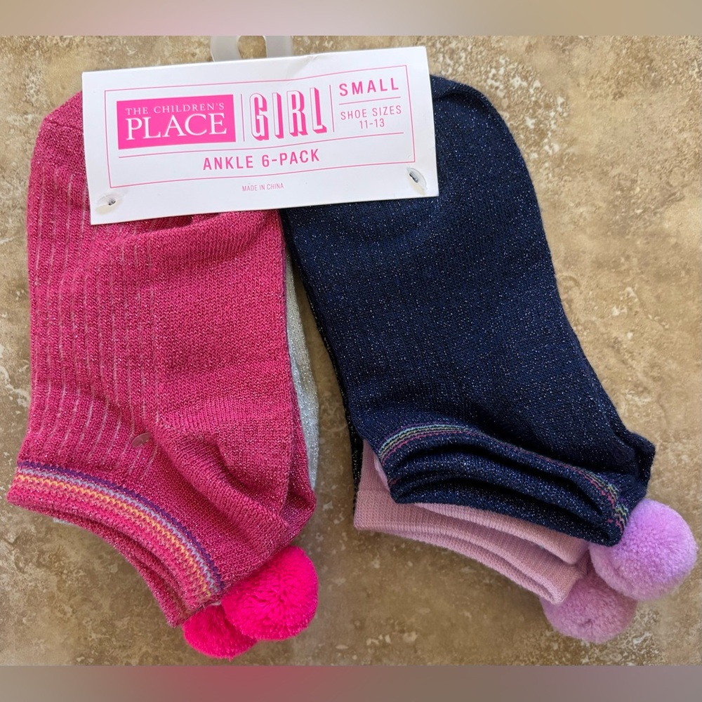 6 Pack Girls Ankle Socks Small S Shoe Size 11-13 Pink Black White Gray NEW